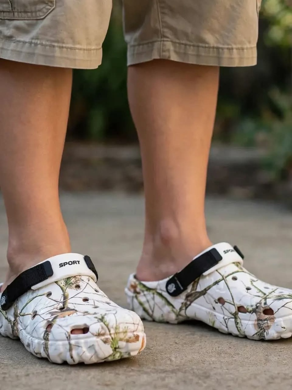 White Camo Slip-On Clogs with Black Strap